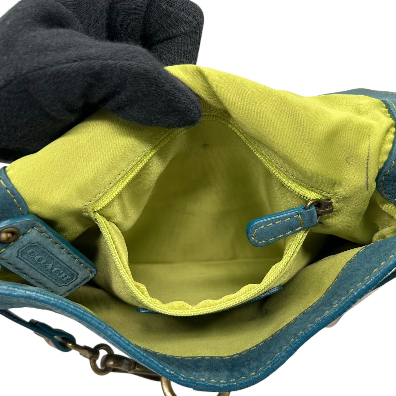 コーチ COACH 9387 ショルダーバッグ ワンショルダー ヌバック レザー 本革 ブルー ターコイズ 青 リング金具 チェーン 肩掛け ビンテージ レトロ 裏地ライムグリーン ネオンカラー レディース 鞄 カバン 希少 s38