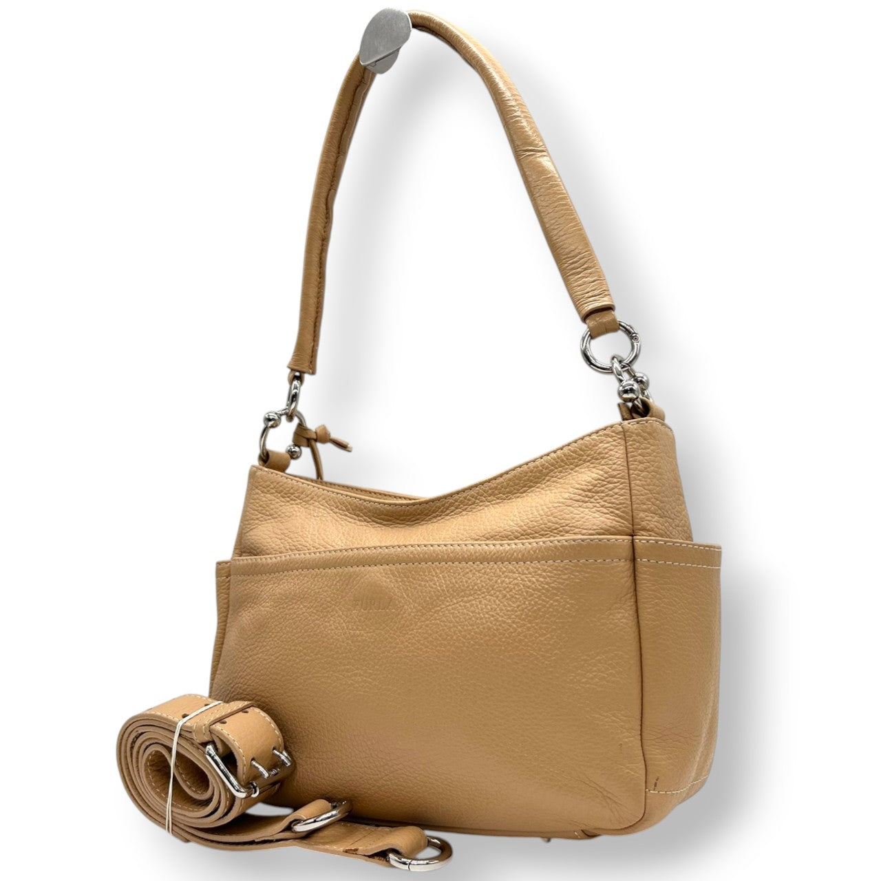 フルラ FURLA ANAコラボ 2WAY ショルダーバッグ ハンドバッグ 斜め掛け可 レザー 本革 シボ革 ベージュ キャメル シルバー金具 チャーム付 レディース 肩掛け ワンショルダー ポケット多数 希少 限定 鞄 カバン 通勤 通学 s52