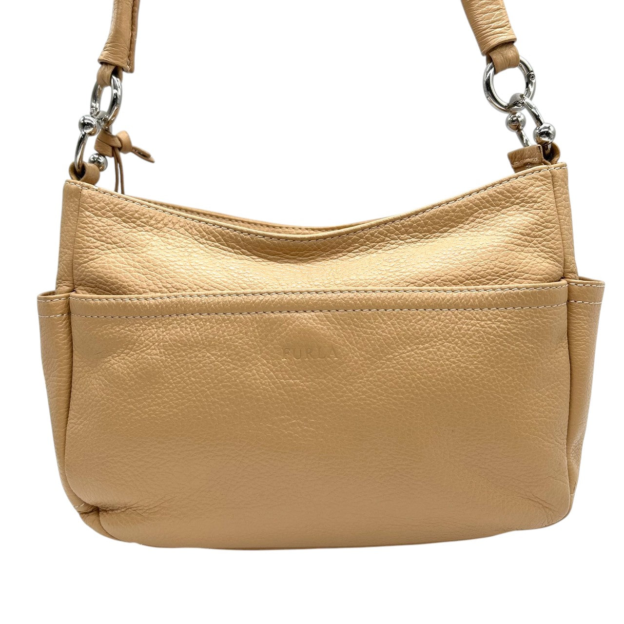 フルラ FURLA ANAコラボ 2WAY ショルダーバッグ ハンドバッグ 斜め掛け可 レザー 本革 シボ革 ベージュ キャメル シルバー金具 チャーム付 レディース 肩掛け ワンショルダー ポケット多数 希少 限定 鞄 カバン 通勤 通学 s52