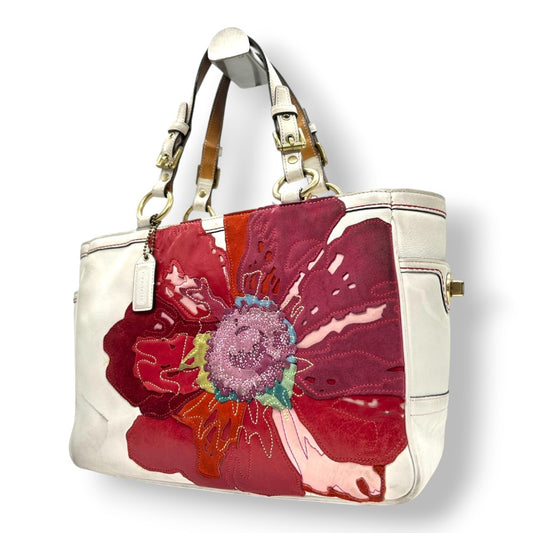 コーチ COACH トートバッグ ワンショルダー ハンプトンズ ウィークエンド パッチワーク フラワー 花柄 アップリケ レザー スエード ホワイト マルチカラー 10509 レディース 希少 レア ヴィンテージ s74