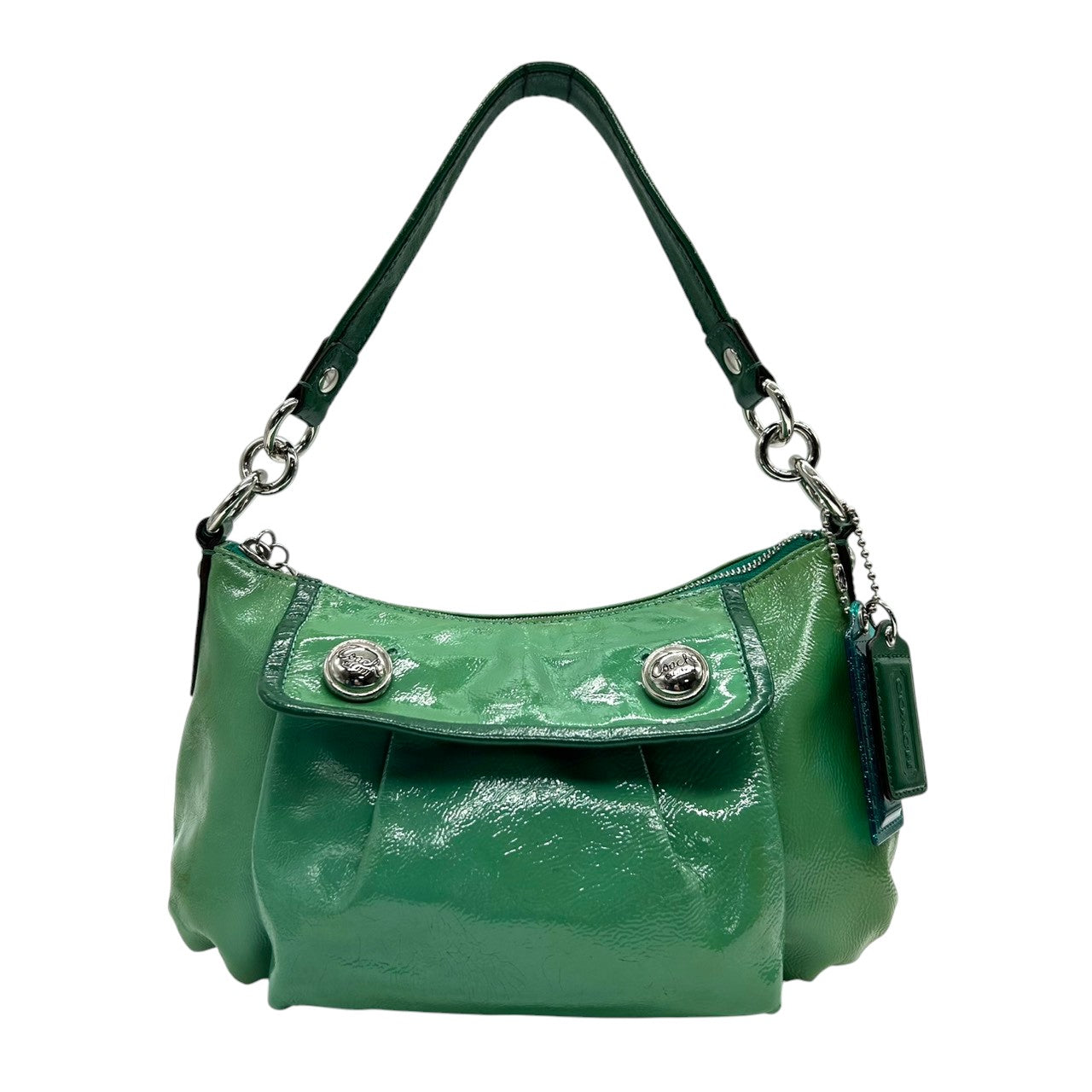コーチ COACH ポピー パテントレザー 2WAY ショルダーバッグ ワンショルダー ハンドバッグ 13852 エナメル グリーン ラメ チャーム付き 斜め掛け可 レディース ポップ 個性的 s12