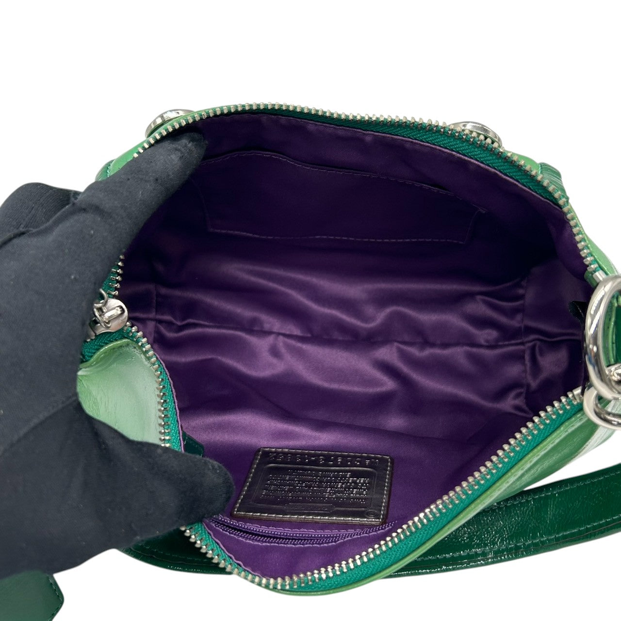 コーチ COACH ポピー パテントレザー 2WAY ショルダーバッグ ワンショルダー ハンドバッグ 13852 エナメル グリーン ラメ チャーム付き 斜め掛け可 レディース ポップ 個性的 s12