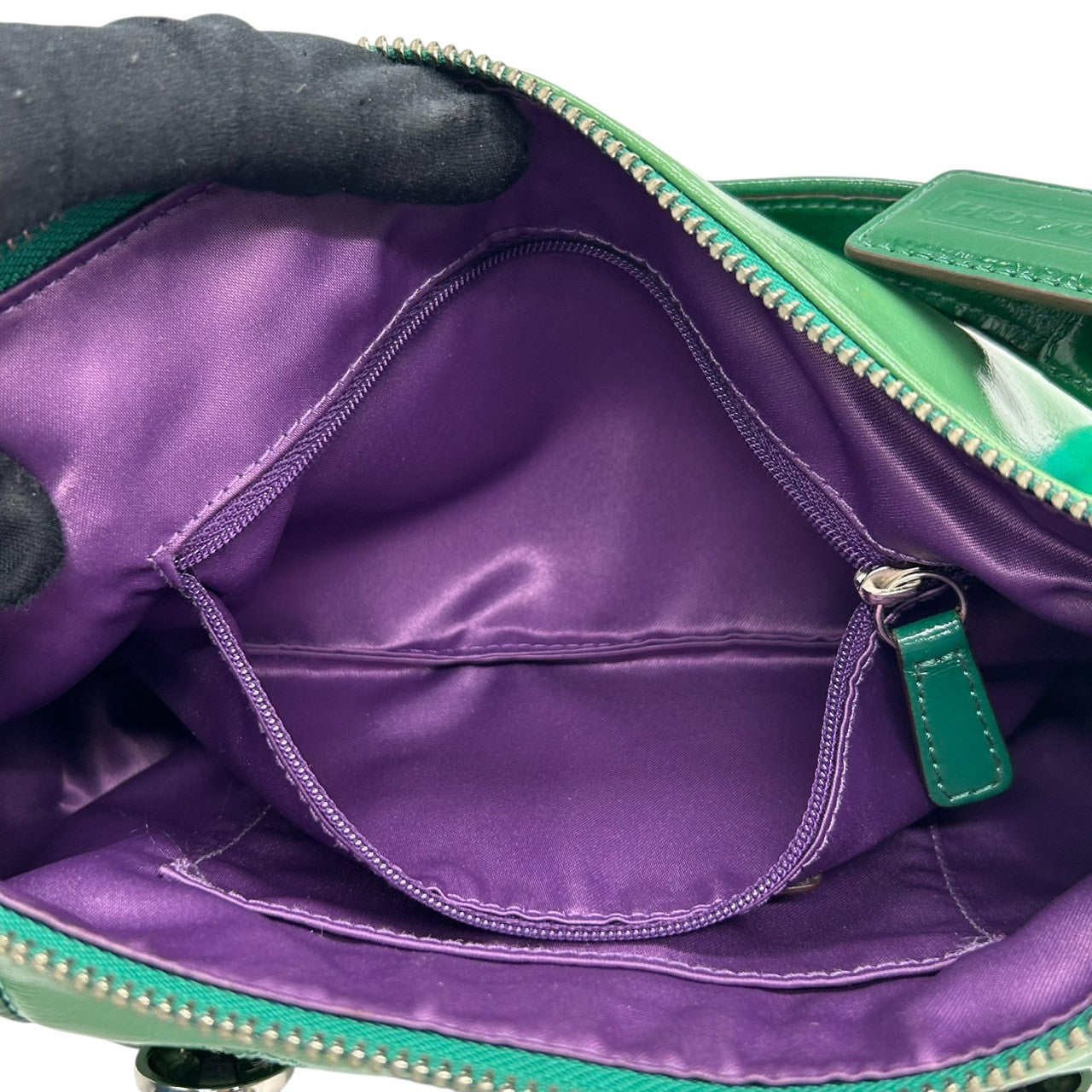 コーチ COACH ポピー パテントレザー 2WAY ショルダーバッグ ワンショルダー ハンドバッグ 13852 エナメル グリーン ラメ チャーム付き 斜め掛け可 レディース ポップ 個性的 s12