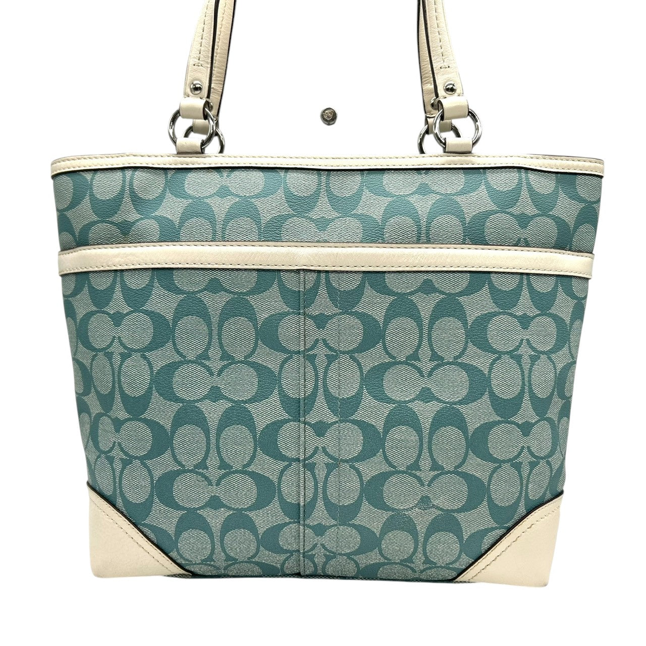 美品 コーチ COACH ヘリテージ ストライプ F14477 トートバッグ ショルダーバッグ 肩掛け PVC レザー シグネチャー 水色 ライトブルー 白 ホワイト A4収納可 レディース チャーム付 爽やか 通勤 通学 鞄 カバン s22