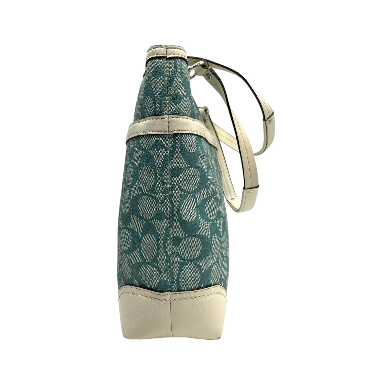 美品 コーチ COACH ヘリテージ ストライプ F14477 トートバッグ ショルダーバッグ 肩掛け PVC レザー シグネチャー 水色 ライトブルー 白 ホワイト A4収納可 レディース チャーム付 爽やか 通勤 通学 鞄 カバン s22