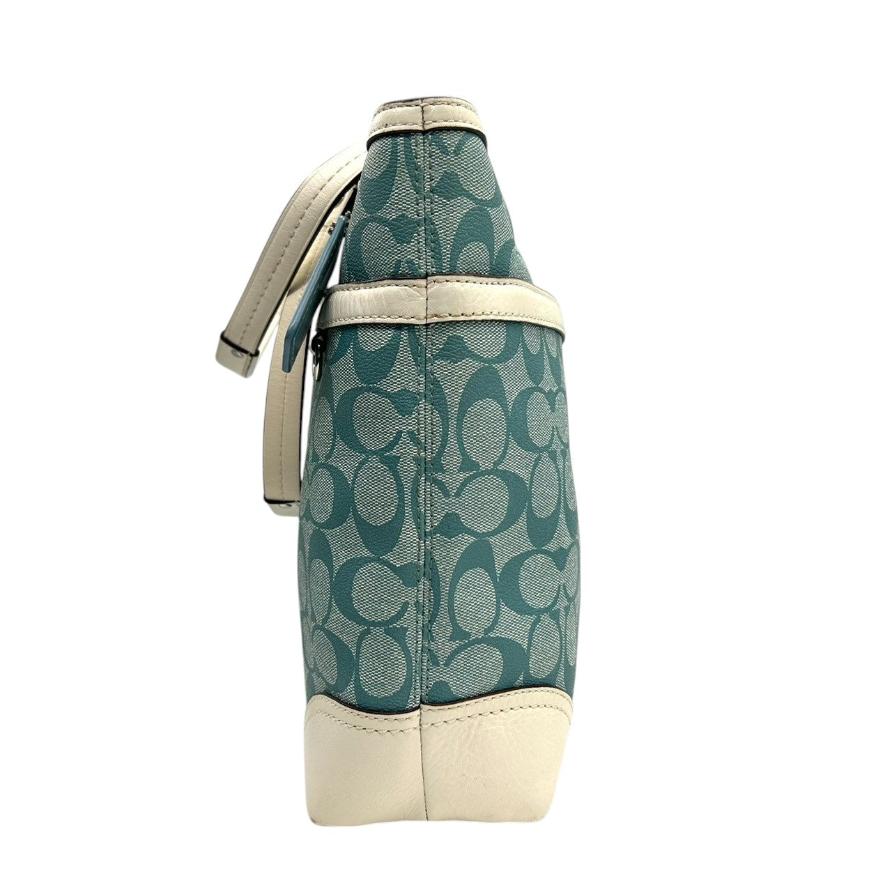 美品 コーチ COACH ヘリテージ ストライプ F14477 トートバッグ ショルダーバッグ 肩掛け PVC レザー シグネチャー 水色 ライトブルー 白 ホワイト A4収納可 レディース チャーム付 爽やか 通勤 通学 鞄 カバン s22