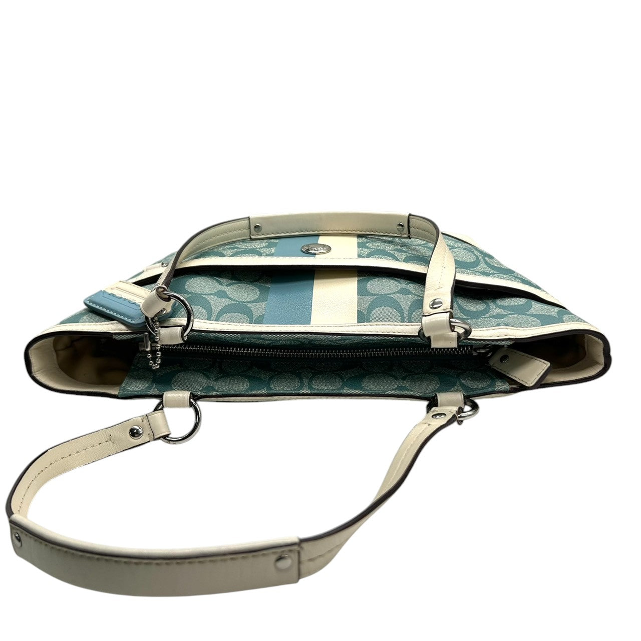 美品 コーチ COACH ヘリテージ ストライプ F14477 トートバッグ ショルダーバッグ 肩掛け PVC レザー シグネチャー 水色 ライトブルー 白 ホワイト A4収納可 レディース チャーム付 爽やか 通勤 通学 鞄 カバン s22