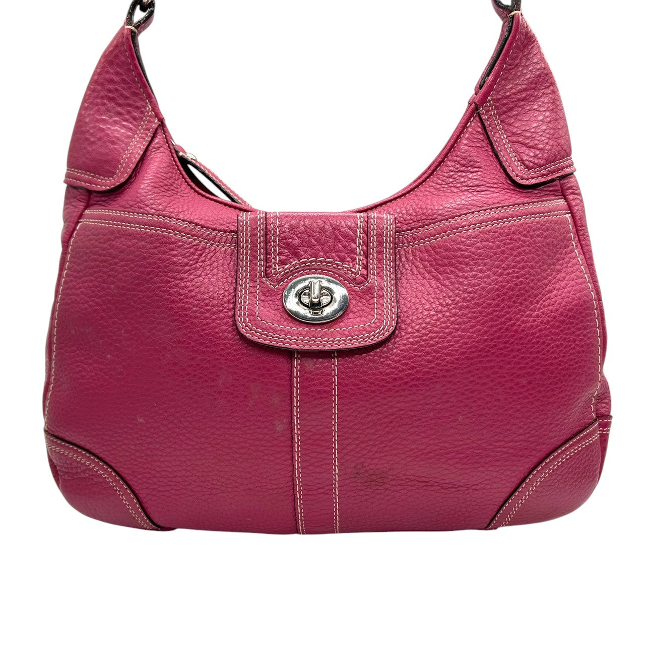 美品 コーチ COACH パーカー レザー ホーボー F13956 ショルダーバッグ ワンショルダー 本革 ピンク パープル フューシャ ターンロック シルバー金具 ステッチ レディース 肩掛け 鞄 カバン 鮮やか 差し色 アクセントカラー お出かけ s22