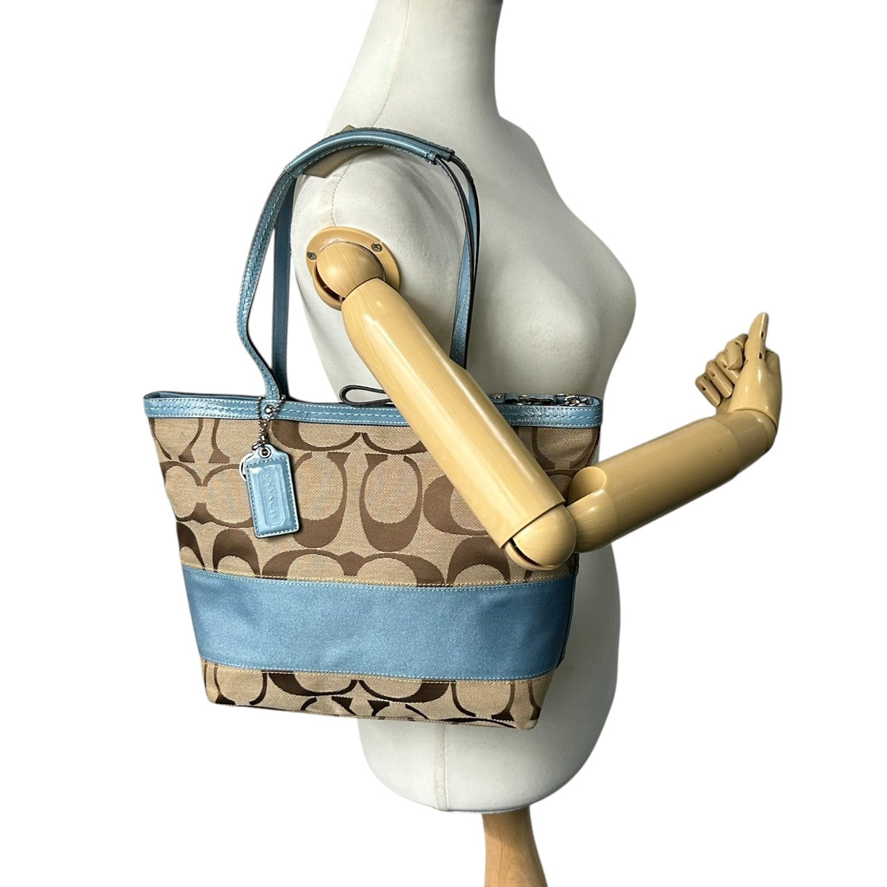 美品 コーチ COACH ヘリテージ ストライプ F14443 トートバッグ ショルダーバッグ 肩掛け キャンバス レザー シグネチャー 水色 ライトブルー 白 ホワイト A4収納可 レディース チャーム付 爽やか 通勤 通学 鞄 カバン s22