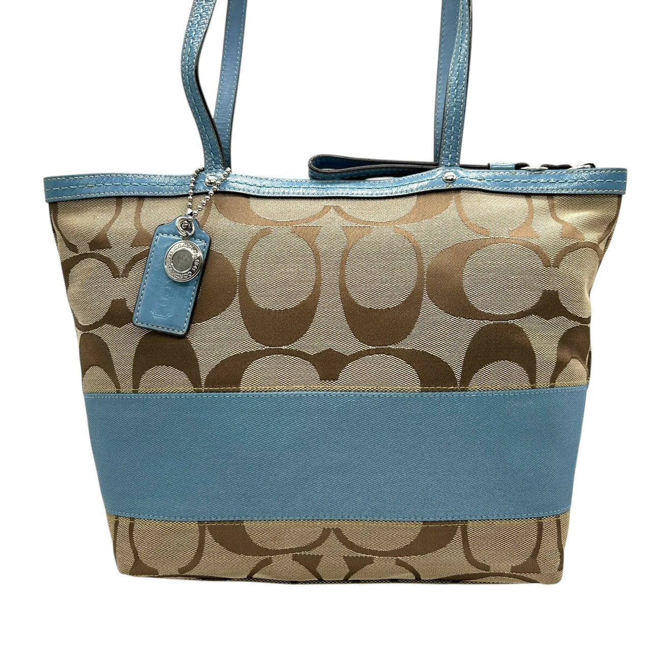 美品 コーチ COACH ヘリテージ ストライプ F14443 トートバッグ ショルダーバッグ 肩掛け キャンバス レザー シグネチャー 水色 ライトブルー 白 ホワイト A4収納可 レディース チャーム付 爽やか 通勤 通学 鞄 カバン s22