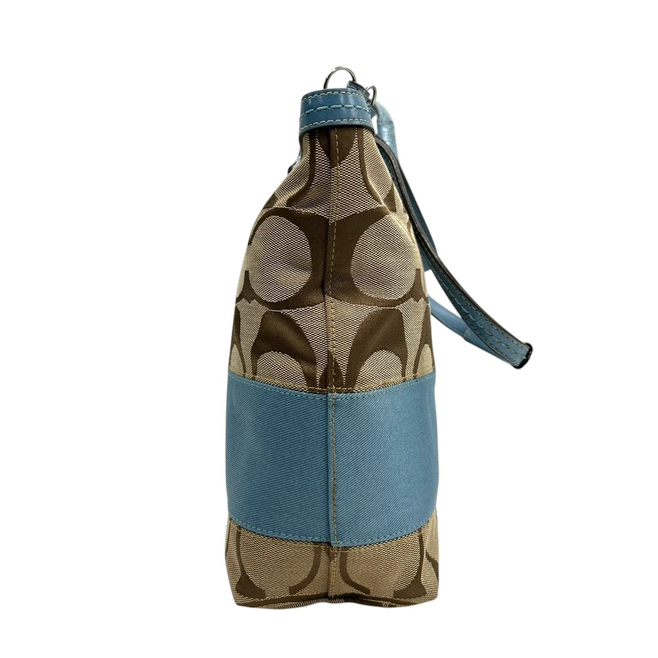 美品 コーチ COACH ヘリテージ ストライプ F14443 トートバッグ ショルダーバッグ 肩掛け キャンバス レザー シグネチャー 水色 ライトブルー 白 ホワイト A4収納可 レディース チャーム付 爽やか 通勤 通学 鞄 カバン s22