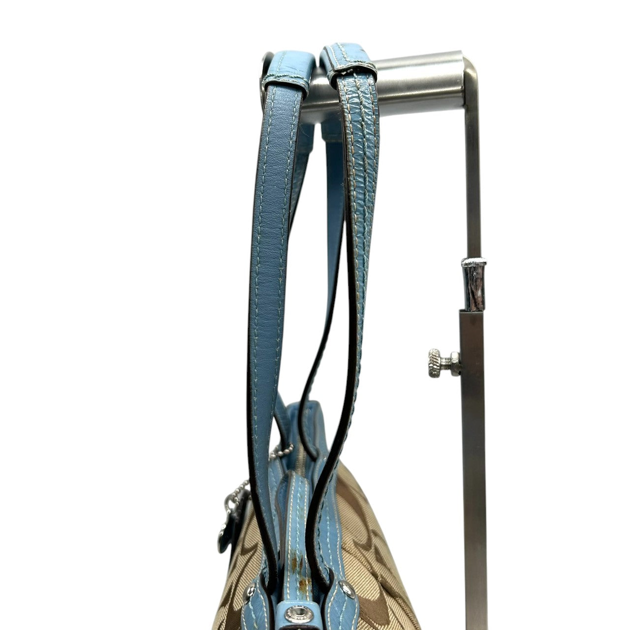 美品 コーチ COACH ヘリテージ ストライプ F14443 トートバッグ ショルダーバッグ 肩掛け キャンバス レザー シグネチャー 水色 ライトブルー 白 ホワイト A4収納可 レディース チャーム付 爽やか 通勤 通学 鞄 カバン s22