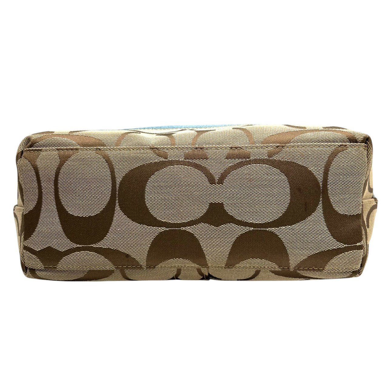 美品 コーチ COACH ヘリテージ ストライプ F14443 トートバッグ ショルダーバッグ 肩掛け キャンバス レザー シグネチャー 水色 ライトブルー 白 ホワイト A4収納可 レディース チャーム付 爽やか 通勤 通学 鞄 カバン s22