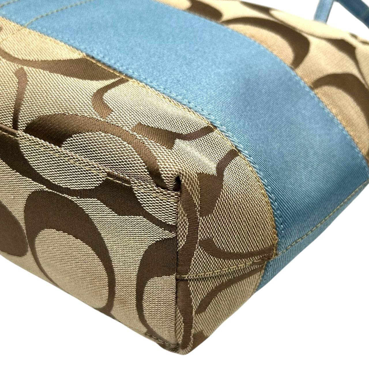 美品 コーチ COACH ヘリテージ ストライプ F14443 トートバッグ ショルダーバッグ 肩掛け キャンバス レザー シグネチャー 水色 ライトブルー 白 ホワイト A4収納可 レディース チャーム付 爽やか 通勤 通学 鞄 カバン s22