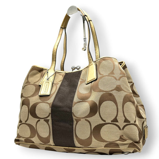 コーチ COACH シグネチャー ストライプ フレーム キャリーオール F13533 トートバッグ ショルダーバッグ ワンショルダー がま口 キスロック キャンバス レザー 本革 カーキ ブラウン ゴールド 肩掛け A4収納可 レディース 鞄 カバン s18