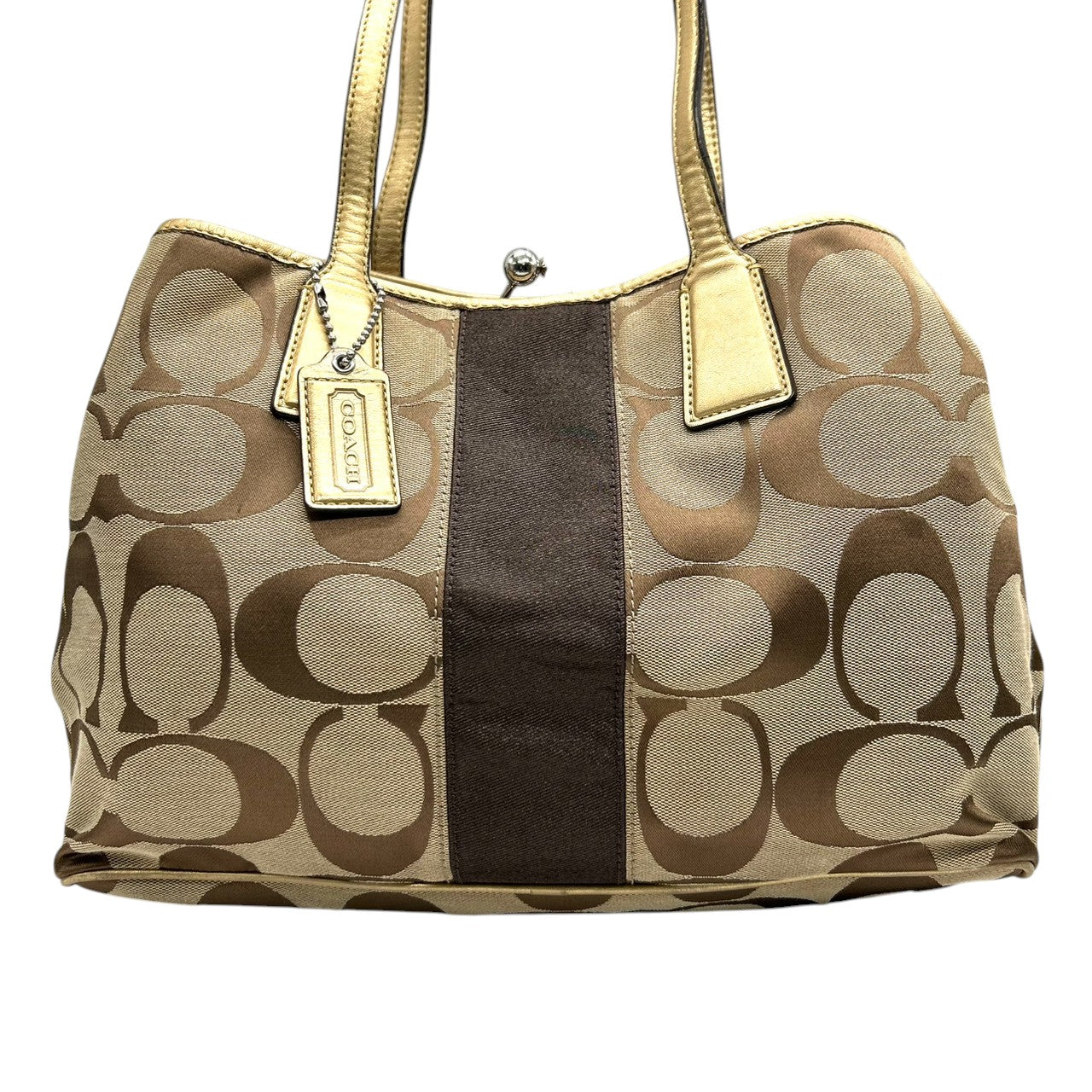 コーチ COACH シグネチャー ストライプ フレーム キャリーオール F13533 トートバッグ ショルダーバッグ ワンショルダー がま口 キスロック キャンバス レザー 本革 カーキ ブラウン ゴールド 肩掛け A4収納可 レディース 鞄 カバン s18