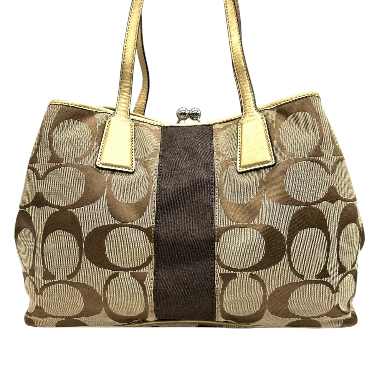 コーチ COACH シグネチャー ストライプ フレーム キャリーオール F13533 トートバッグ ショルダーバッグ ワンショルダー がま口 キスロック キャンバス レザー 本革 カーキ ブラウン ゴールド 肩掛け A4収納可 レディース 鞄 カバン s18