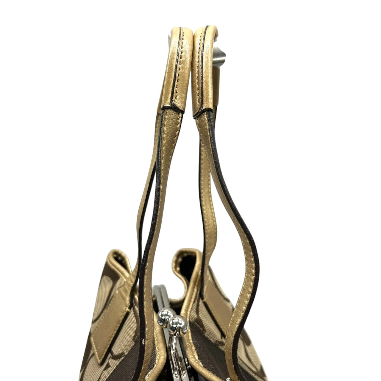 コーチ COACH シグネチャー ストライプ フレーム キャリーオール F13533 トートバッグ ショルダーバッグ ワンショルダー がま口 キスロック キャンバス レザー 本革 カーキ ブラウン ゴールド 肩掛け A4収納可 レディース 鞄 カバン s18