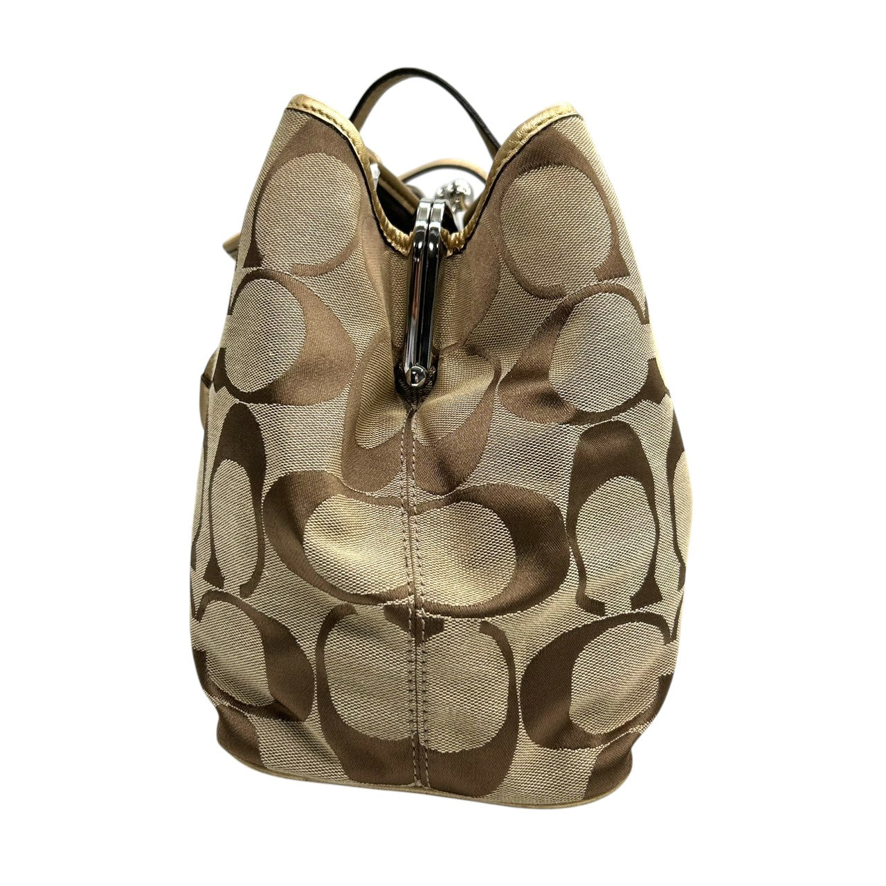 コーチ COACH シグネチャー ストライプ フレーム キャリーオール F13533 トートバッグ ショルダーバッグ ワンショルダー がま口 キスロック キャンバス レザー 本革 カーキ ブラウン ゴールド 肩掛け A4収納可 レディース 鞄 カバン s18