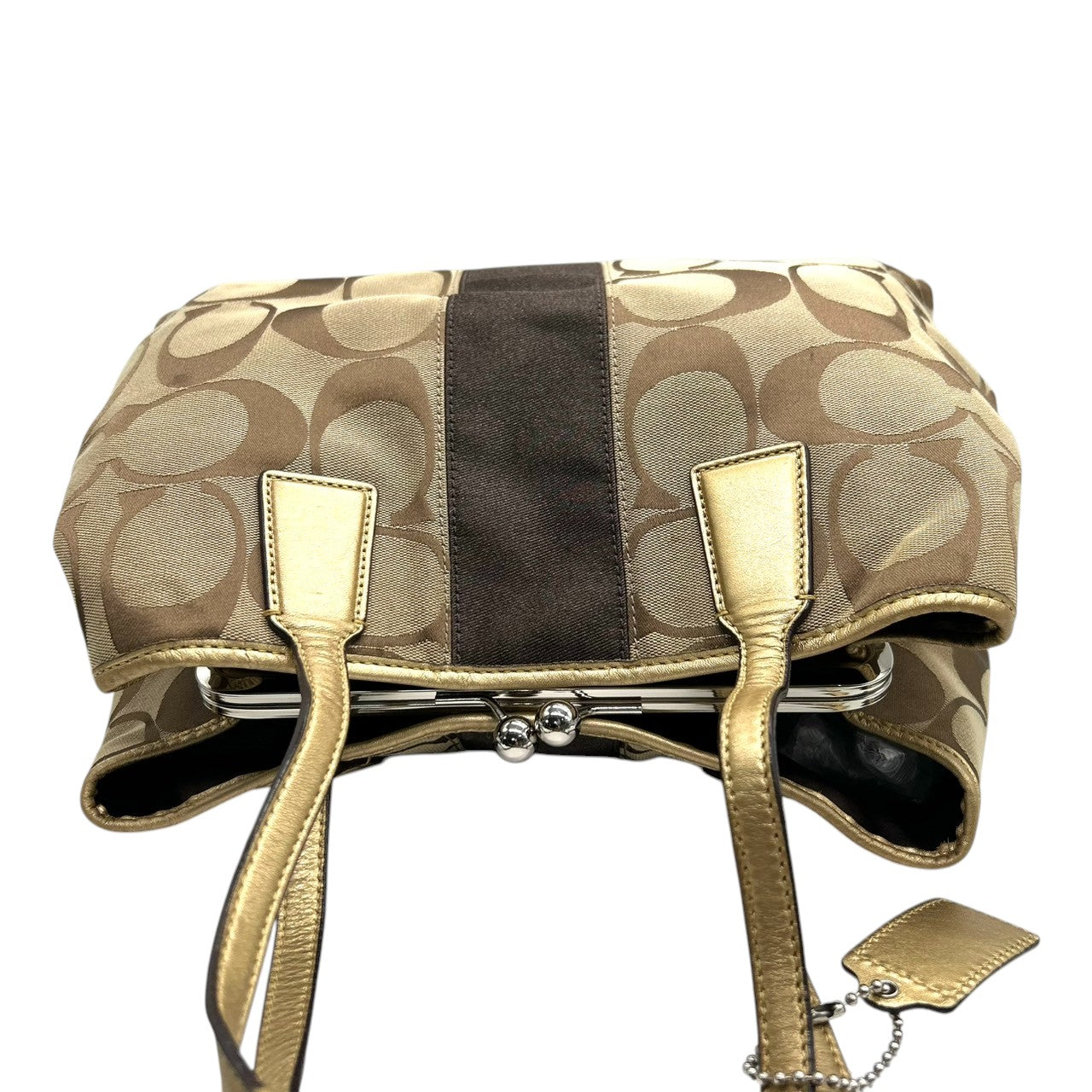 コーチ COACH シグネチャー ストライプ フレーム キャリーオール F13533 トートバッグ ショルダーバッグ ワンショルダー がま口 キスロック キャンバス レザー 本革 カーキ ブラウン ゴールド 肩掛け A4収納可 レディース 鞄 カバン s18