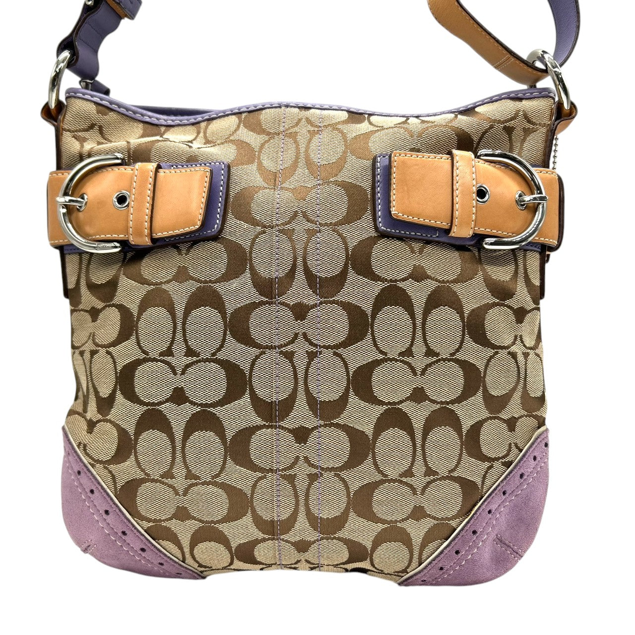 美品 コーチ COACH シグネチャー 1487 ショルダーバッグ ハンドバッグ 2WAY 斜め掛け可 キャンバス スエード レザー 本革 ベージュ パープル 紫 ラベンダー バックル レディース 肩掛け ワンショルダー カジュアル 鞄 カバン s18