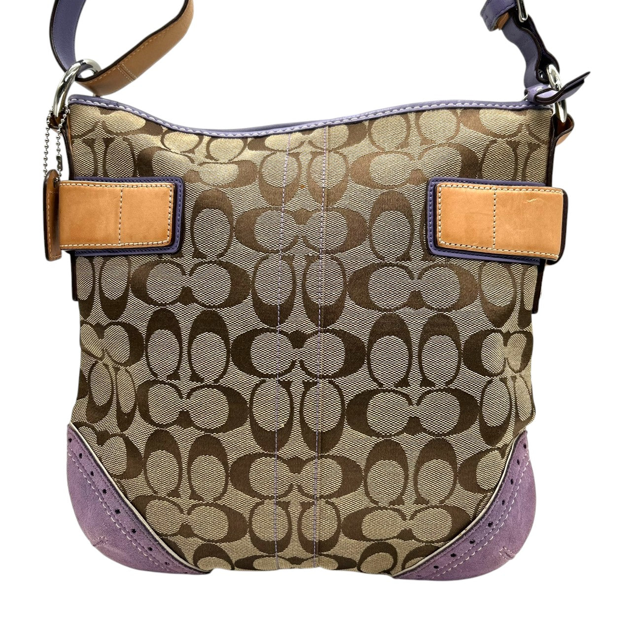 美品 コーチ COACH シグネチャー 1487 ショルダーバッグ ハンドバッグ 2WAY 斜め掛け可 キャンバス スエード レザー 本革 ベージュ パープル 紫 ラベンダー バックル レディース 肩掛け ワンショルダー カジュアル 鞄 カバン s18
