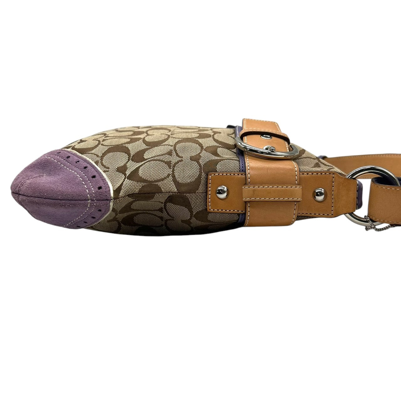 美品 コーチ COACH シグネチャー 1487 ショルダーバッグ ハンドバッグ 2WAY 斜め掛け可 キャンバス スエード レザー 本革 ベージュ パープル 紫 ラベンダー バックル レディース 肩掛け ワンショルダー カジュアル 鞄 カバン s18