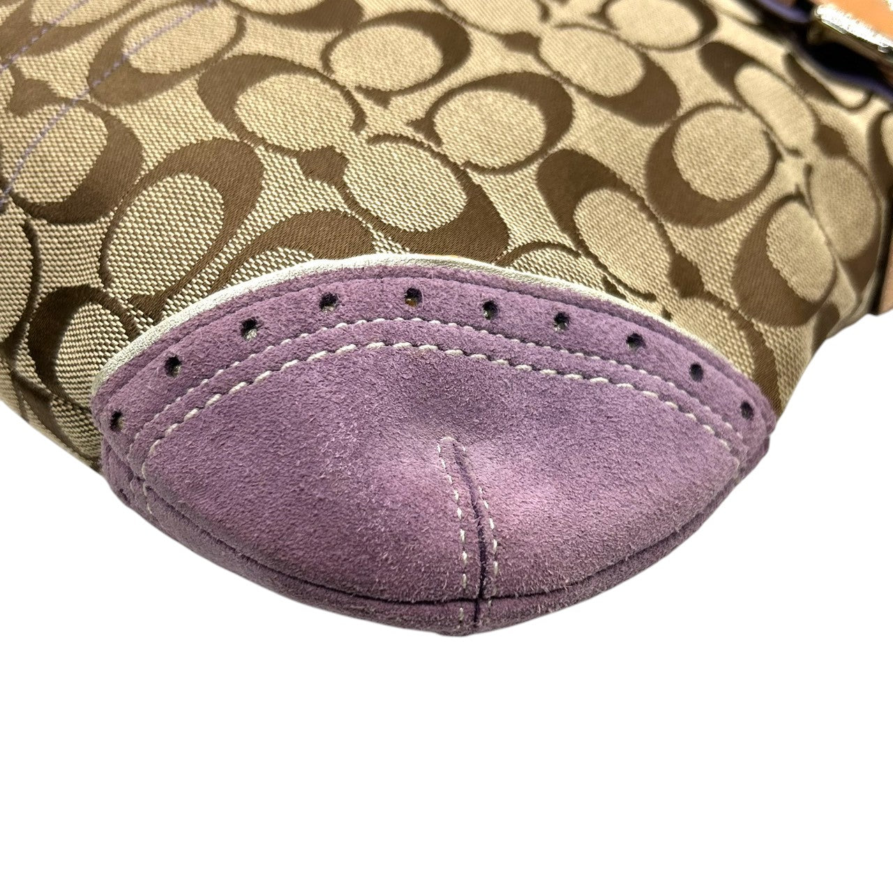 美品 コーチ COACH シグネチャー 1487 ショルダーバッグ ハンドバッグ 2WAY 斜め掛け可 キャンバス スエード レザー 本革 ベージュ パープル 紫 ラベンダー バックル レディース 肩掛け ワンショルダー カジュアル 鞄 カバン s18