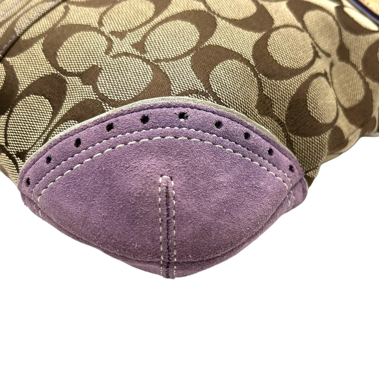 美品 コーチ COACH シグネチャー 1487 ショルダーバッグ ハンドバッグ 2WAY 斜め掛け可 キャンバス スエード レザー 本革 ベージュ パープル 紫 ラベンダー バックル レディース 肩掛け ワンショルダー カジュアル 鞄 カバン s18