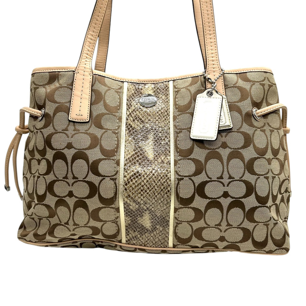 コーチ COACH シグネチャー ストライプ キャリーオール F27363 トートバッグ ショルダーバッグ 肩掛け キャンバス レザー ベージュ カーキ アイボリー 3室構造 A4収納可 レディース 鞄 カバン s18