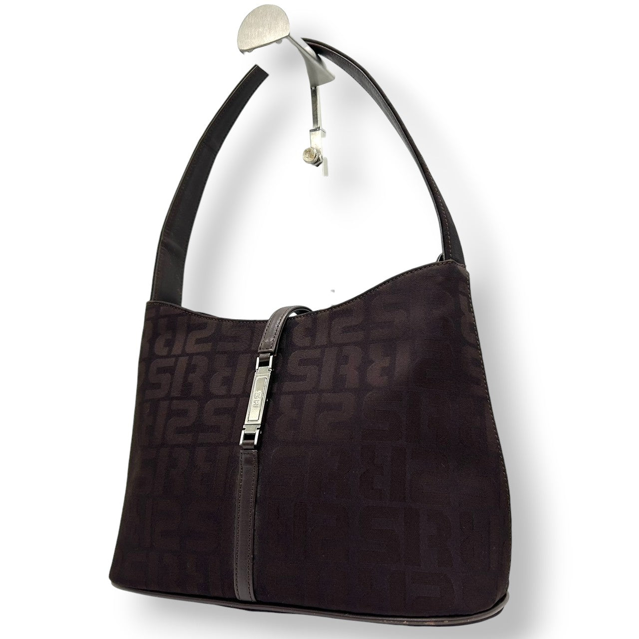 美品 ソニアリキエル SONIA RYKIEL ハンドバッグ ショルダーバッグ ワンショルダー ナイロン ジャガード ロゴ総柄 SR金具 ブラウン こげ茶 ダークブラウン 軽量 コンパクト レディース 鞄 カバン 肩掛け 上品 エレガント s56