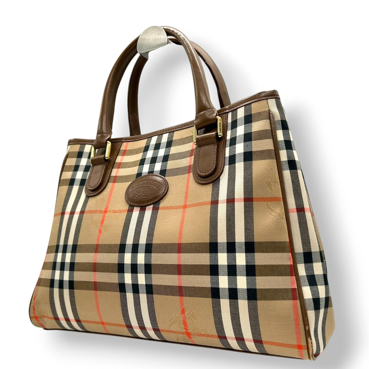 美品 バーバリー BURBERRY ノバチェック シャドーホース トートバッグ ハンドバッグ ナイロン レザー 本革 ベージュ 茶 ブラウン ロゴパッチ 自立可 レディース 鞄 カバン 軽量 クラシック エレガント 上品 通勤 通学 お出かけ オールド s56