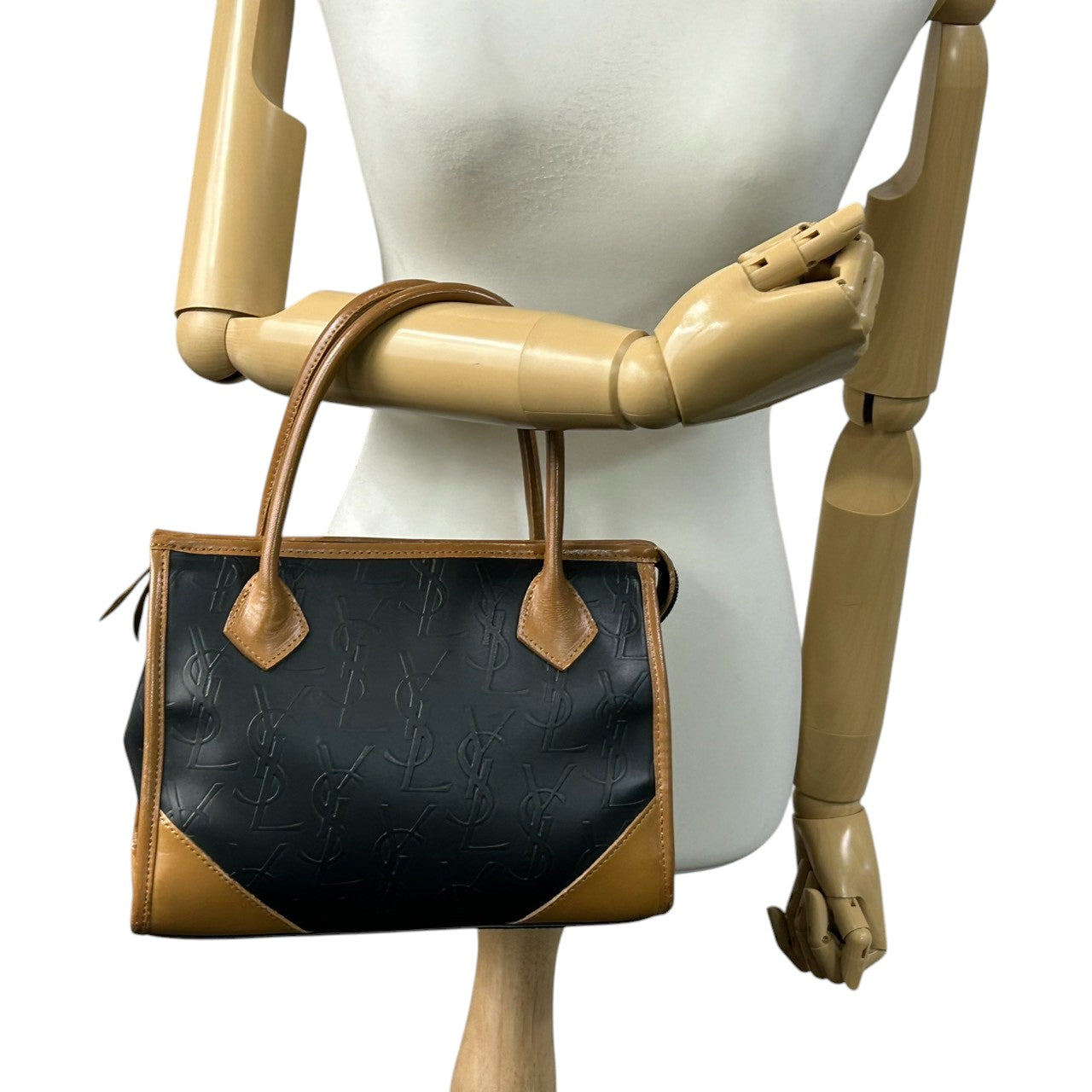 美品 イヴサンローラン Yves Saint Laurent ハンドバッグ ミニボストン YSLロゴ 総柄 型押し レザー 本革 ブラック ブラウン バイカラー カサンドラ レディース ビンテージ レトロ クラシック オールド 鞄 カバン S