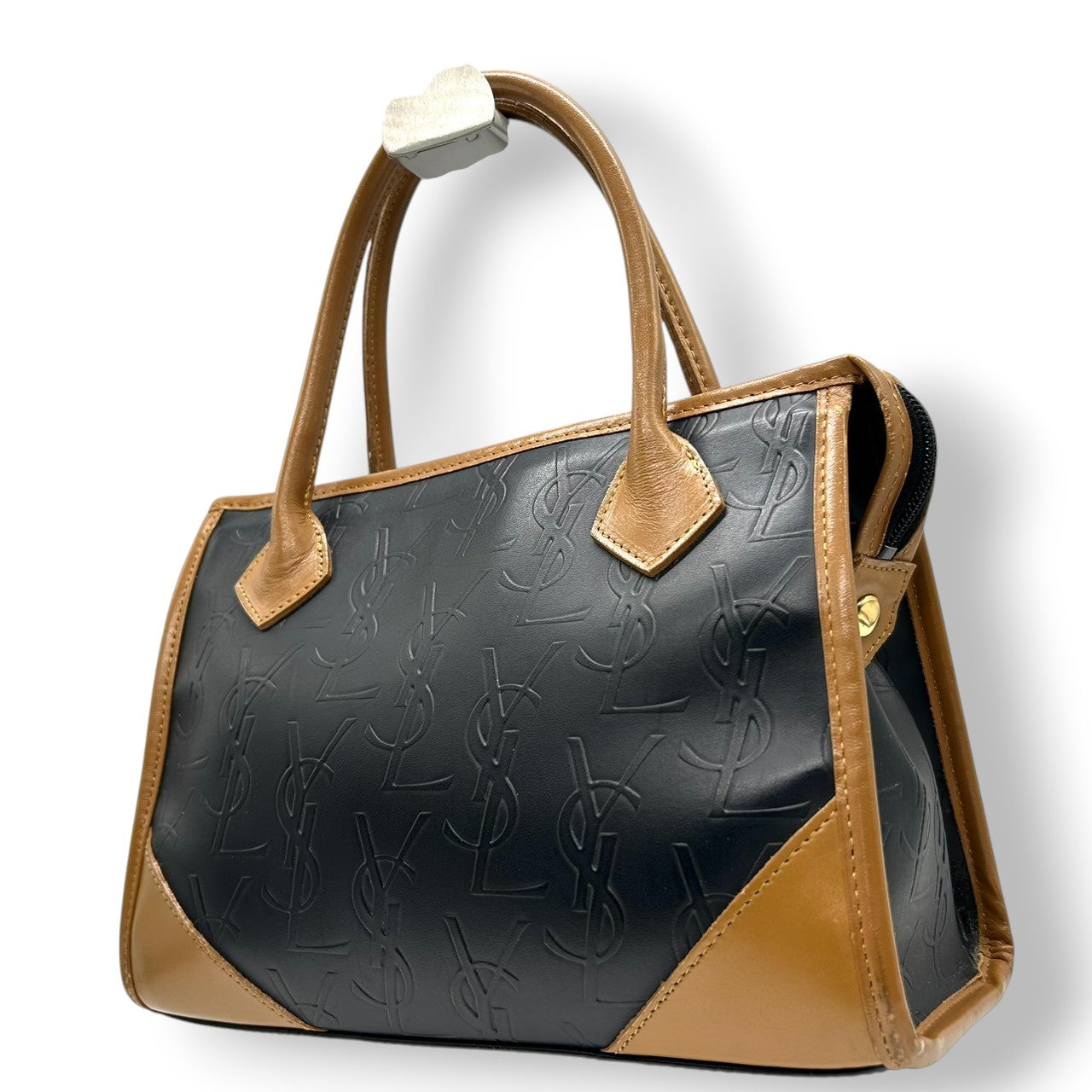 美品 イヴサンローラン Yves Saint Laurent ハンドバッグ ミニボストン YSLロゴ 総柄 型押し レザー 本革 ブラック ブラウン バイカラー カサンドラ レディース ビンテージ レトロ クラシック オールド 鞄 カバン S