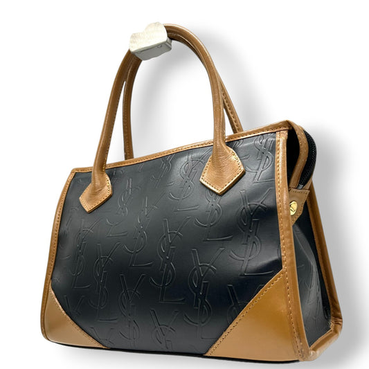 美品 イヴサンローラン Yves Saint Laurent ハンドバッグ ミニボストン YSLロゴ 総柄 型押し レザー 本革 ブラック ブラウン バイカラー カサンドラ レディース ビンテージ レトロ クラシック オールド 鞄 カバン S