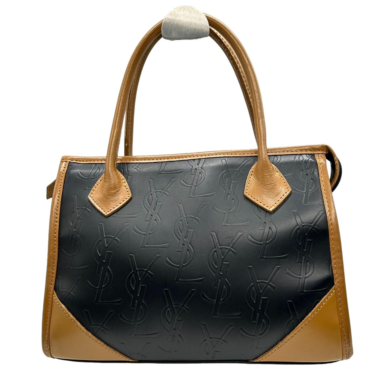 美品 イヴサンローラン Yves Saint Laurent ハンドバッグ ミニボストン YSLロゴ 総柄 型押し レザー 本革 ブラック ブラウン バイカラー カサンドラ レディース ビンテージ レトロ クラシック オールド 鞄 カバン S