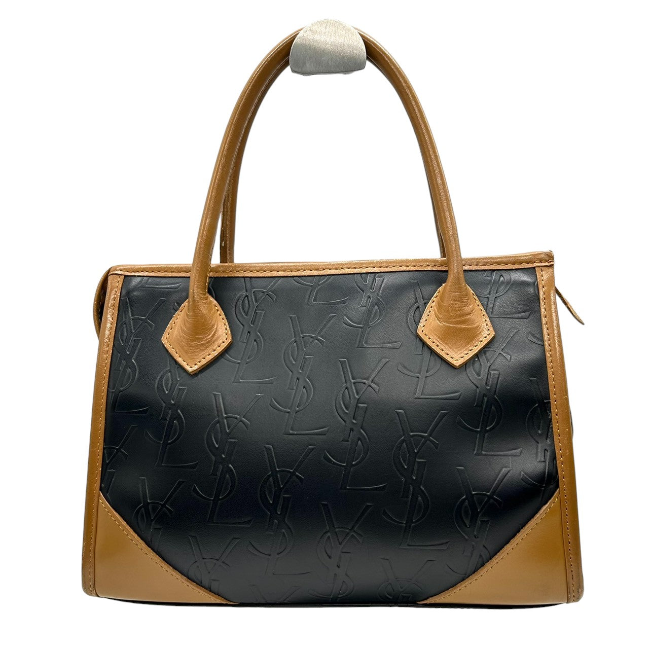 美品 イヴサンローラン Yves Saint Laurent ハンドバッグ ミニボストン YSLロゴ 総柄 型押し レザー 本革 ブラック ブラウン バイカラー カサンドラ レディース ビンテージ レトロ クラシック オールド 鞄 カバン S