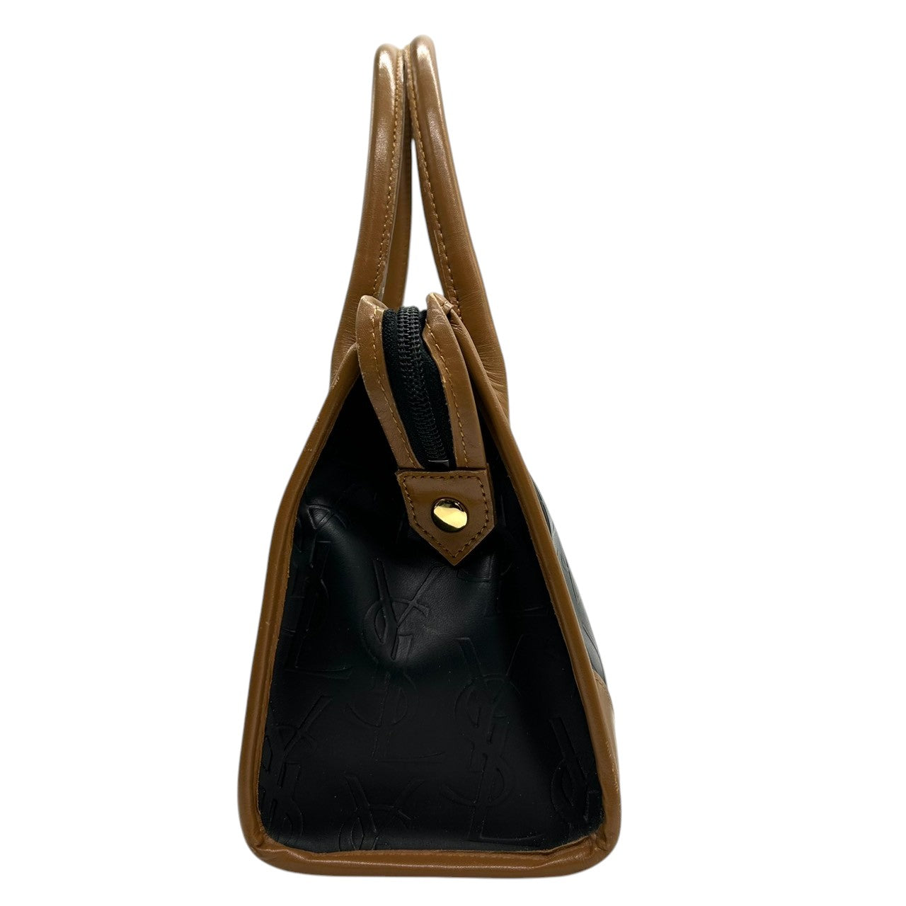 美品 イヴサンローラン Yves Saint Laurent ハンドバッグ ミニボストン YSLロゴ 総柄 型押し レザー 本革 ブラック ブラウン バイカラー カサンドラ レディース ビンテージ レトロ クラシック オールド 鞄 カバン S