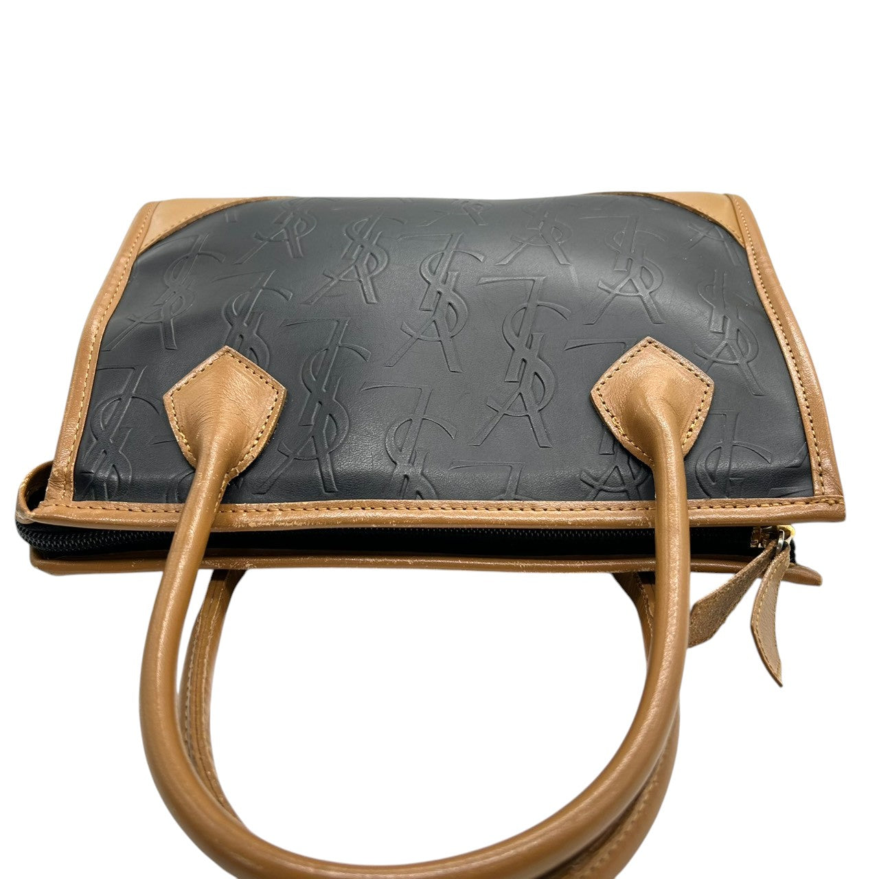 美品 イヴサンローラン Yves Saint Laurent ハンドバッグ ミニボストン YSLロゴ 総柄 型押し レザー 本革 ブラック ブラウン バイカラー カサンドラ レディース ビンテージ レトロ クラシック オールド 鞄 カバン S