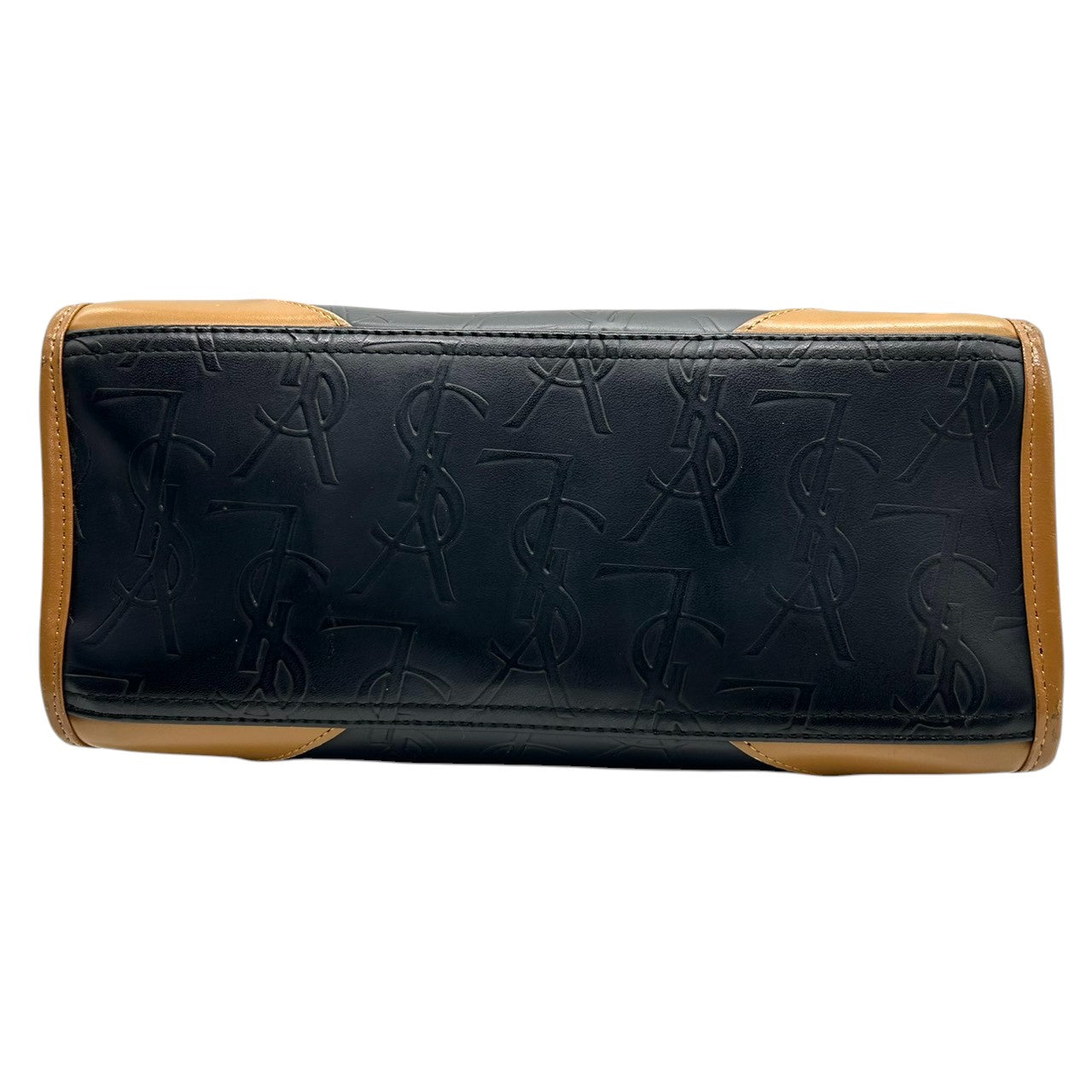 美品 イヴサンローラン Yves Saint Laurent ハンドバッグ ミニボストン YSLロゴ 総柄 型押し レザー 本革 ブラック ブラウン バイカラー カサンドラ レディース ビンテージ レトロ クラシック オールド 鞄 カバン S