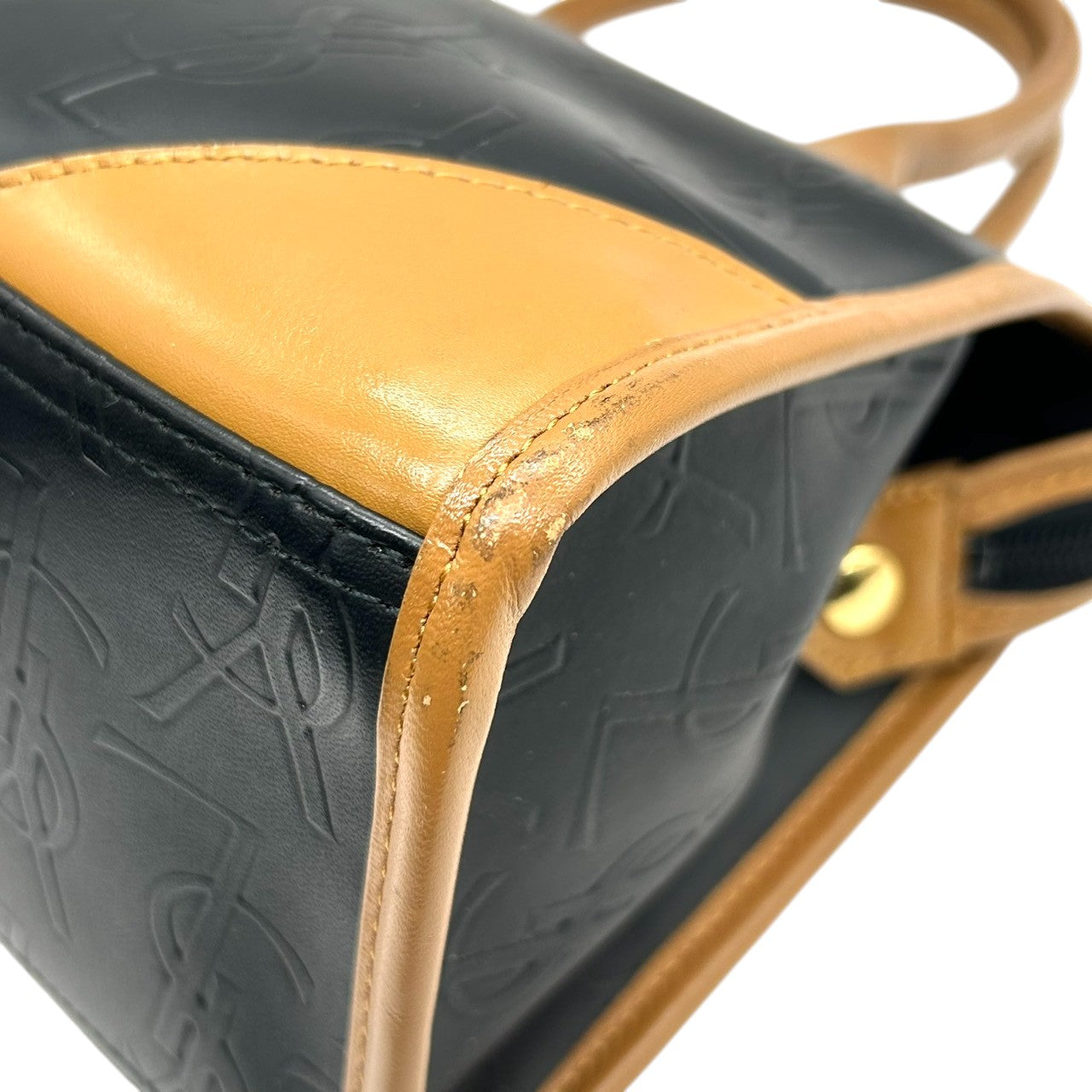 美品 イヴサンローラン Yves Saint Laurent ハンドバッグ ミニボストン YSLロゴ 総柄 型押し レザー 本革 ブラック ブラウン バイカラー カサンドラ レディース ビンテージ レトロ クラシック オールド 鞄 カバン S