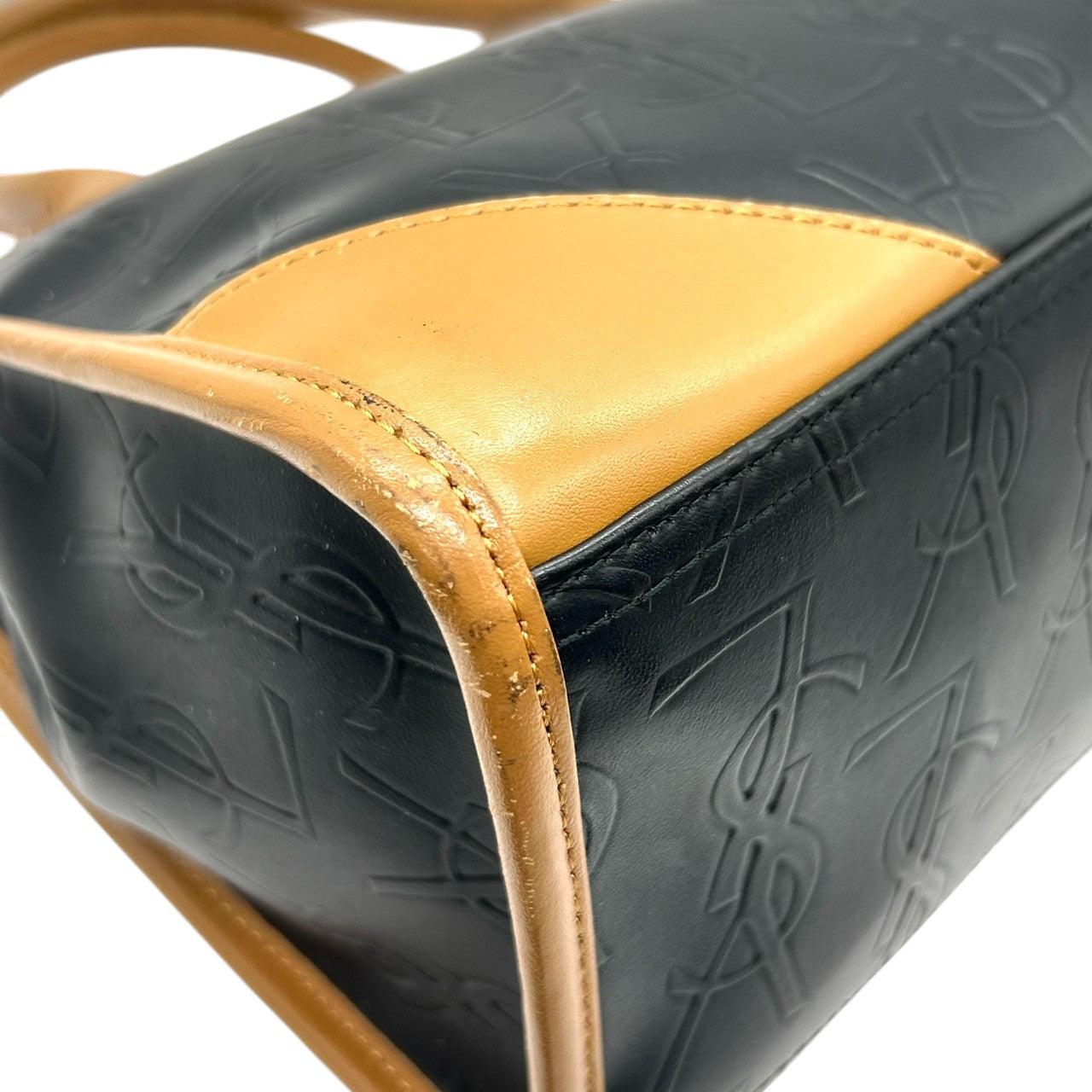 美品 イヴサンローラン Yves Saint Laurent ハンドバッグ ミニボストン YSLロゴ 総柄 型押し レザー 本革 ブラック ブラウン バイカラー カサンドラ レディース ビンテージ レトロ クラシック オールド 鞄 カバン S