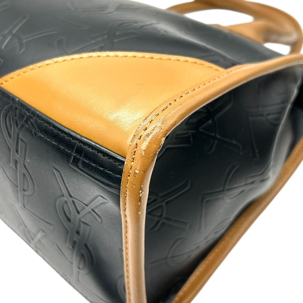 美品 イヴサンローラン Yves Saint Laurent ハンドバッグ ミニボストン YSLロゴ 総柄 型押し レザー 本革 ブラック ブラウン バイカラー カサンドラ レディース ビンテージ レトロ クラシック オールド 鞄 カバン S