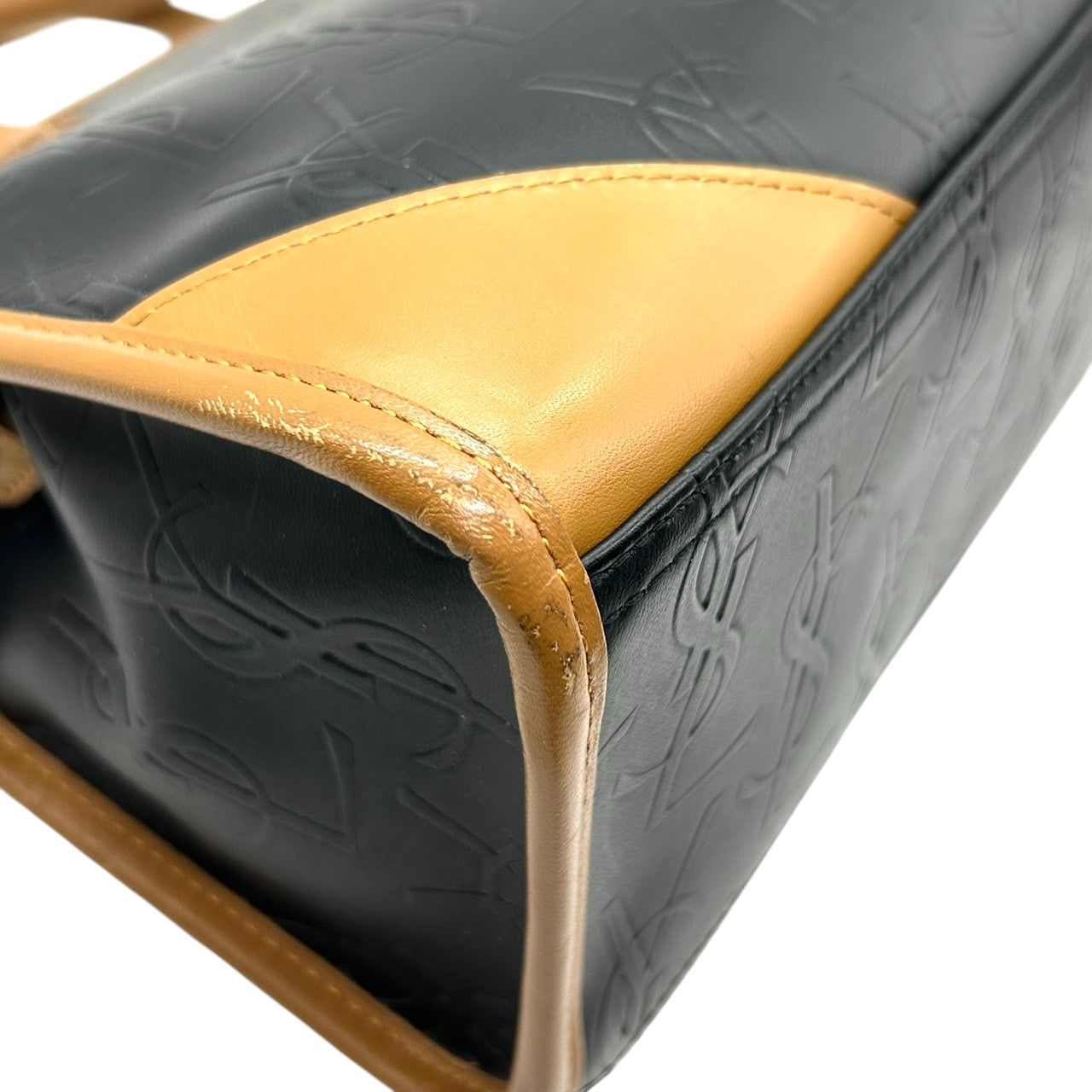 美品 イヴサンローラン Yves Saint Laurent ハンドバッグ ミニボストン YSLロゴ 総柄 型押し レザー 本革 ブラック ブラウン バイカラー カサンドラ レディース ビンテージ レトロ クラシック オールド 鞄 カバン S