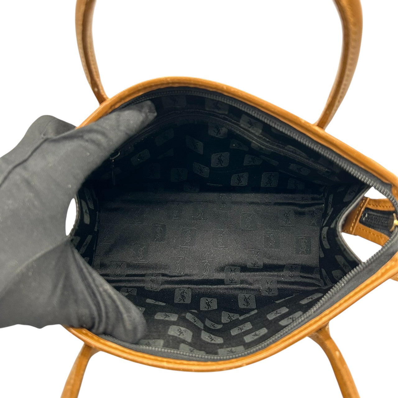 美品 イヴサンローラン Yves Saint Laurent ハンドバッグ ミニボストン YSLロゴ 総柄 型押し レザー 本革 ブラック ブラウン バイカラー カサンドラ レディース ビンテージ レトロ クラシック オールド 鞄 カバン S