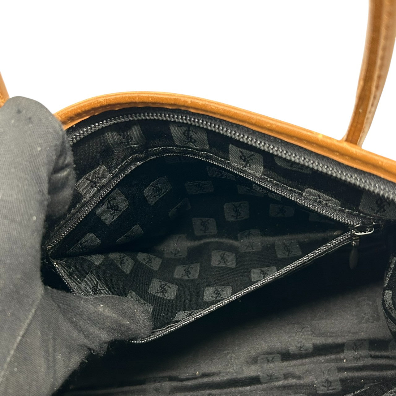 美品 イヴサンローラン Yves Saint Laurent ハンドバッグ ミニボストン YSLロゴ 総柄 型押し レザー 本革 ブラック ブラウン バイカラー カサンドラ レディース ビンテージ レトロ クラシック オールド 鞄 カバン S