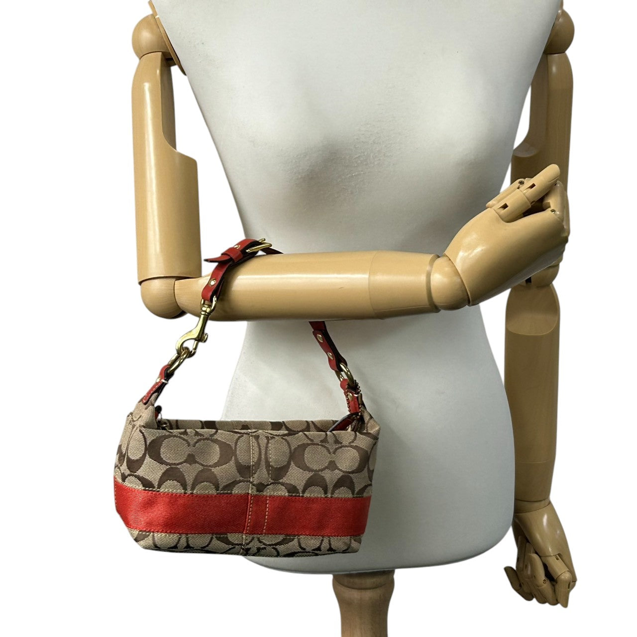 美品 コーチ COACH シグネチャー ヘリテージ ストライプ デミポーチ 40757 アクセサリーポーチ ハンドバッグ ミニバッグ キャンバス レザー ベージュ ブラウン 茶 レッド 赤 オレンジ レディース 鞄 s34