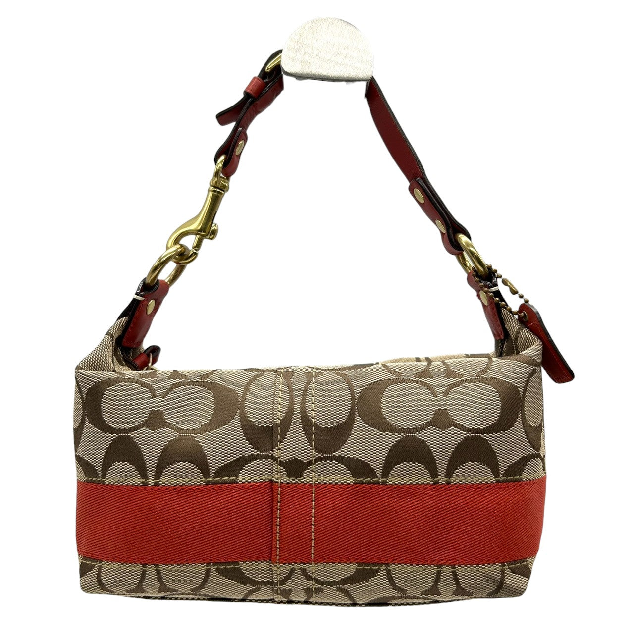 美品 コーチ COACH シグネチャー ヘリテージ ストライプ デミポーチ 40757 アクセサリーポーチ ハンドバッグ ミニバッグ キャンバス レザー ベージュ ブラウン 茶 レッド 赤 オレンジ レディース 鞄 s34