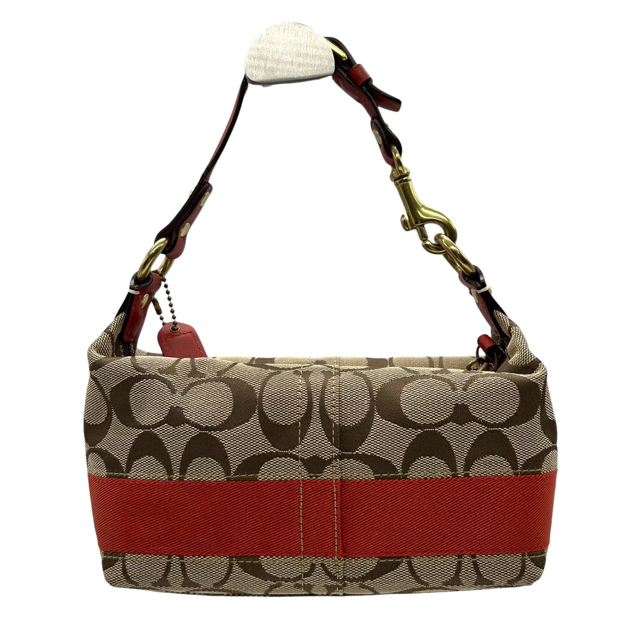 美品 コーチ COACH シグネチャー ヘリテージ ストライプ デミポーチ 40757 アクセサリーポーチ ハンドバッグ ミニバッグ キャンバス レザー ベージュ ブラウン 茶 レッド 赤 オレンジ レディース 鞄 s34