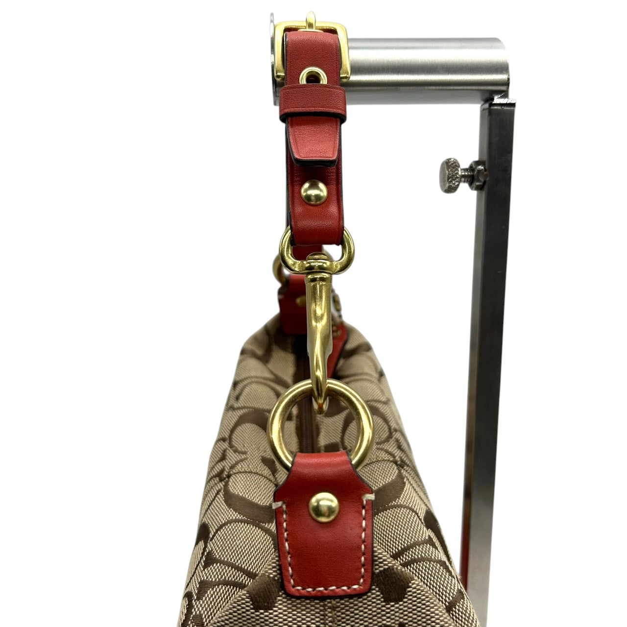 美品 コーチ COACH シグネチャー ヘリテージ ストライプ デミポーチ 40757 アクセサリーポーチ ハンドバッグ ミニバッグ キャンバス レザー ベージュ ブラウン 茶 レッド 赤 オレンジ レディース 鞄 s34